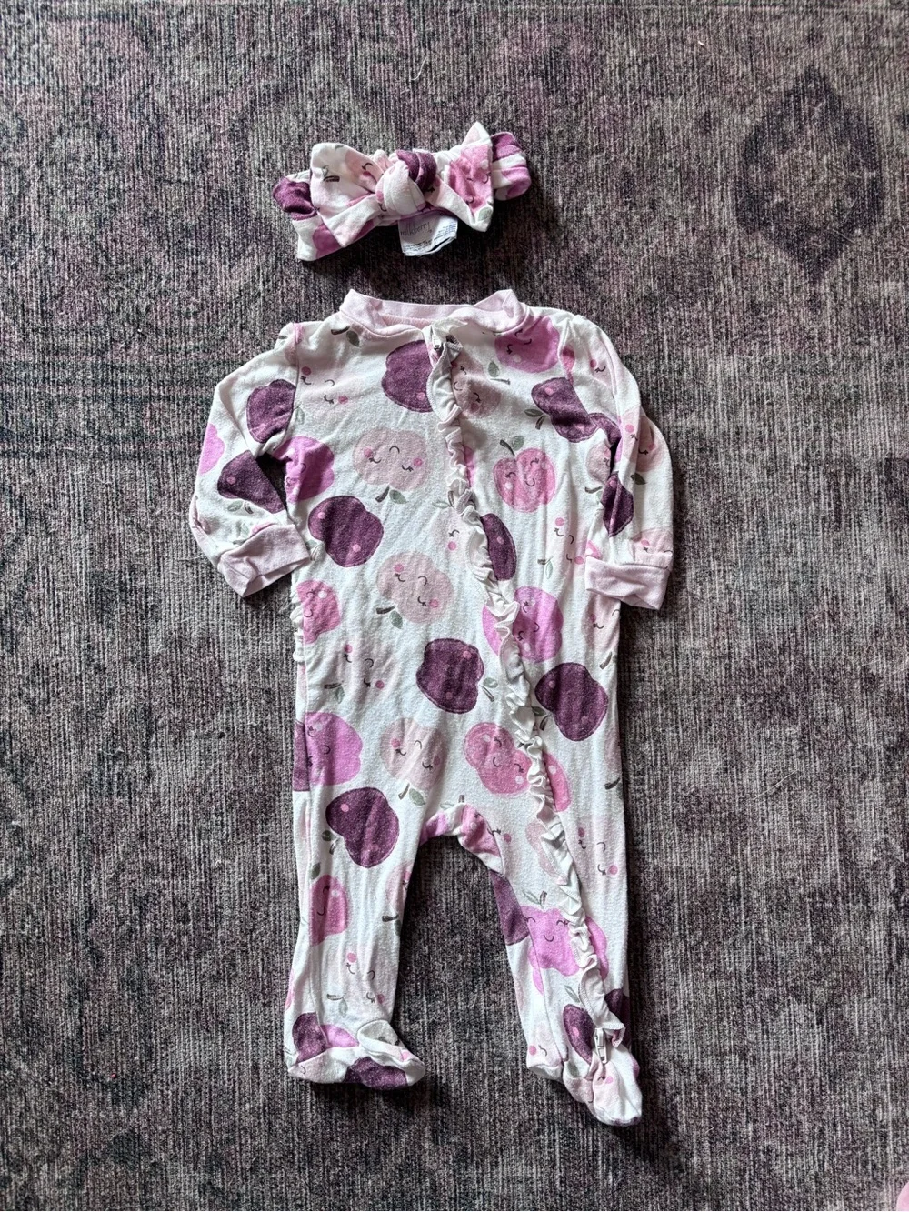 Milkberry Pink & Purple Apple-Print Footie with Headband